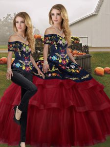 Beautiful Wine Red Off The Shoulder Neckline Embroidery and Ruffled Layers Quinceanera Dress Sleeveless Lace Up