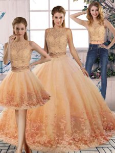 Perfect Peach 15 Quinceanera Dress Military Ball and Sweet 16 and Quinceanera with Lace Scalloped Sleeveless Sweep Train Backless