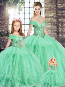 Apple Green Sleeveless Tulle Lace Up Quinceanera Gown for Military Ball and Sweet 16 and Quinceanera