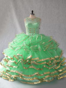 Eye-catching Green Ball Gowns Scoop Sleeveless Organza Floor Length Lace Up Beading and Ruffles Ball Gown Prom Dress