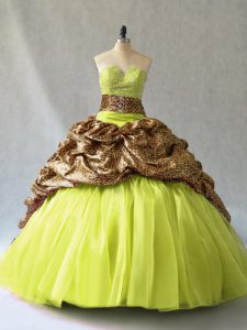 Yellow Green Ball Gowns Beading Sweet 16 Quinceanera Dress Lace Up Organza and Printed Sleeveless