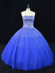 Trendy Royal Blue Tulle Lace Up Strapless Sleeveless Floor Length 15 Quinceanera Dress Beading
