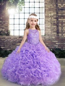 Sleeveless Floor Length Beading and Ruching Lace Up Kids Formal Wear with Lavender