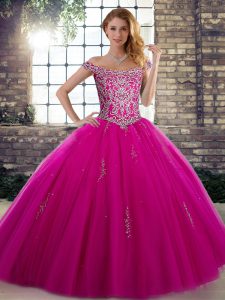 Fuchsia Ball Gowns Beading Quinceanera Gown Lace Up Tulle Sleeveless Floor Length
