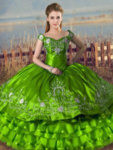 Affordable Green Lace Up Ball Gown Prom Dress Embroidery and Ruffled Layers Sleeveless Floor Length