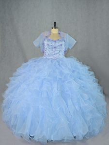Discount Blue Sleeveless Floor Length Beading and Ruffles Lace Up 15 Quinceanera Dress