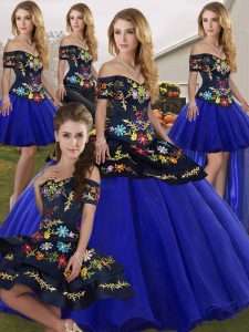 Smart Floor Length Lace Up Quince Ball Gowns Royal Blue for Military Ball and Sweet 16 and Quinceanera with Embroidery