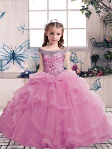 Lilac Lace Up Scoop Beading Girls Pageant Dresses Tulle Sleeveless