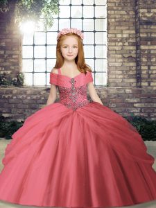 Watermelon Red Lace Up Straps Beading Kids Pageant Dress Tulle Sleeveless