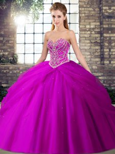 Fuchsia Sleeveless Beading and Pick Ups Lace Up Ball Gown Prom Dress