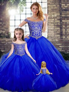 Eye-catching Ball Gowns Vestidos de Quinceanera Royal Blue Off The Shoulder Tulle Sleeveless Floor Length Lace Up