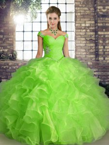 Deluxe 15th Birthday Dress Military Ball and Sweet 16 and Quinceanera with Beading and Ruffles Off The Shoulder Sleeveless Lace Up