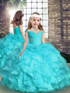 Top Selling Organza Straps Sleeveless Lace Up Beading and Ruffles Little Girls Pageant Dress in Aqua Blue