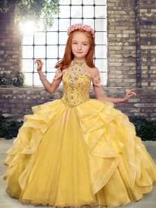 Luxurious Floor Length Gold Little Girls Pageant Dress Wholesale Organza Sleeveless Beading and Ruffles