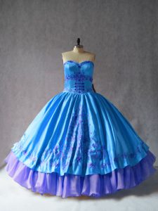 Fitting Blue Ball Gowns Embroidery Quinceanera Gowns Lace Up Satin and Organza Sleeveless Floor Length