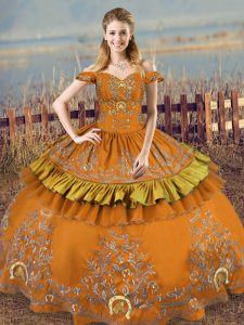 High Quality Brown Satin Lace Up Vestidos de Quinceanera Sleeveless Floor Length Embroidery