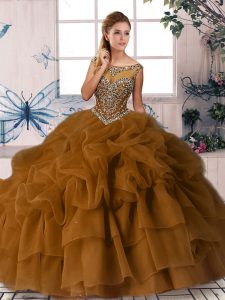 Beauteous Brown Ball Gowns Scoop Sleeveless Organza Brush Train Zipper Beading and Pick Ups Quinceanera Gown