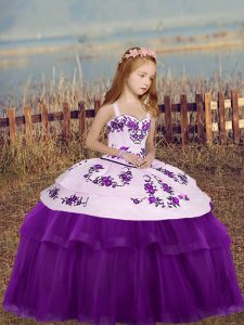 Floor Length Lace Up Girls Pageant Dresses Eggplant Purple for Party and Wedding Party with Embroidery