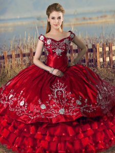 Red Lace Up Vestidos de Quinceanera Embroidery and Ruffled Layers Sleeveless Floor Length