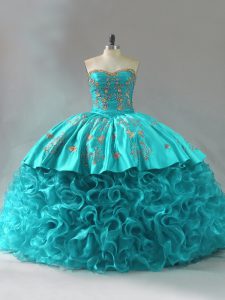 Colorful Sleeveless Embroidery and Ruffles Lace Up Quinceanera Dresses with Aqua Blue Brush Train