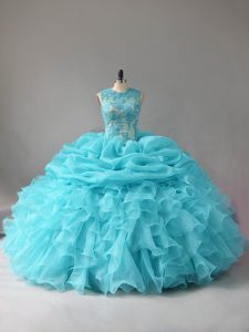 Scoop Sleeveless Quince Ball Gowns Floor Length Appliques and Ruffles and Pick Ups Aqua Blue Organza