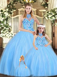 Great Sleeveless Lace Up Floor Length Embroidery Quinceanera Dress