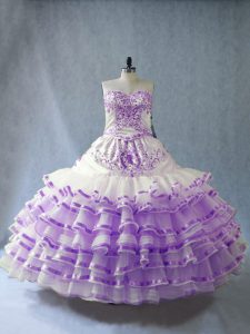 White And Purple Ball Gowns Organza Sweetheart Sleeveless Embroidery and Ruffled Layers and Bowknot Floor Length Lace Up Vestidos de Quinceanera
