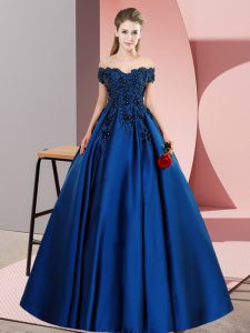 Comfortable Off The Shoulder Sleeveless 15 Quinceanera Dress Floor Length Lace Blue Satin