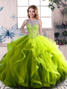 Olive Green 15 Quinceanera Dress Sweet 16 and Quinceanera with Beading and Ruffles Scoop Sleeveless Lace Up