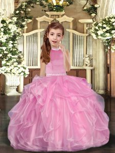 Ball Gowns Kids Formal Wear Baby Pink Halter Top Organza Sleeveless Floor Length Lace Up
