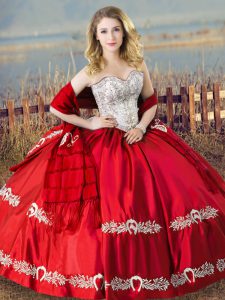 Discount Red Satin Lace Up Sweetheart Sleeveless Floor Length Quince Ball Gowns Beading and Embroidery