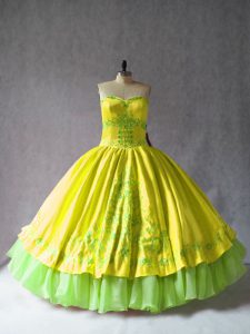 Yellow Lace Up Sweetheart Embroidery Quinceanera Gowns Satin and Organza Sleeveless
