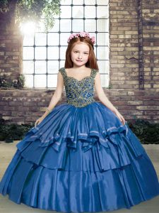 Inexpensive Blue Pageant Gowns For Girls Party and Sweet 16 and Wedding Party with Beading Straps Sleeveless Lace Up