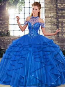 Tulle Halter Top Sleeveless Lace Up Beading and Ruffles Ball Gown Prom Dress in Royal Blue