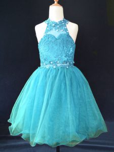 Aqua Blue A-line Organza Halter Top Sleeveless Beading and Lace Mini Length Lace Up Flower Girl Dresses for Less