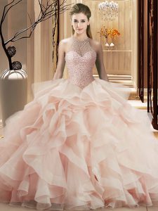 Hot Sale Beading and Ruffles 15 Quinceanera Dress Pink Lace Up Sleeveless Brush Train