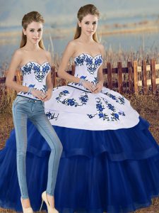 Most Popular Royal Blue Tulle Lace Up Sweetheart Sleeveless Floor Length Quinceanera Gowns Embroidery and Bowknot