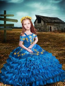 Latest Blue Short Sleeves Embroidery and Ruffled Layers Floor Length Little Girl Pageant Gowns