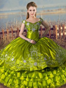 Olive Green Quinceanera Dresses Sweet 16 and Quinceanera with Embroidery and Ruffled Layers Off The Shoulder Sleeveless Lace Up