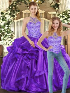 Latest Beading and Ruffles 15th Birthday Dress Purple Lace Up Sleeveless Floor Length