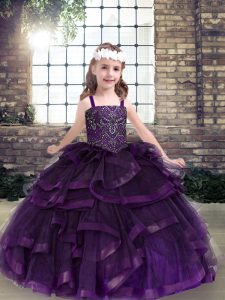 Purple Ball Gowns Tulle Straps Sleeveless Beading and Ruffles Floor Length Lace Up Little Girls Pageant Gowns