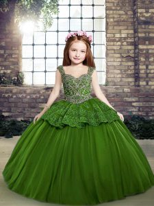 Best Beading Girls Pageant Dresses Green Lace Up Sleeveless Floor Length