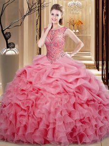 Glittering Floor Length Pink Sweet 16 Dresses Scoop Sleeveless Lace Up