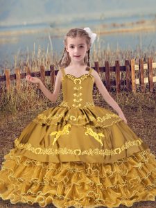 Modern Gold Organza Lace Up Straps Sleeveless Floor Length Pageant Gowns For Girls Beading and Embroidery and Ruffled Layers