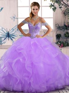 Gorgeous Sleeveless Tulle Floor Length Lace Up 15th Birthday Dress in Lavender with Beading and Ruffles