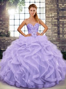 Chic Sleeveless Floor Length Beading and Ruffles Lace Up Sweet 16 Quinceanera Dress with Lavender