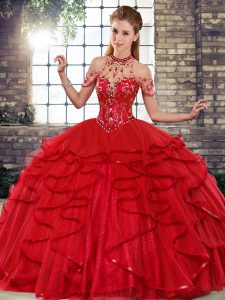 Red Lace Up Halter Top Beading and Ruffles Quinceanera Gowns Tulle Sleeveless