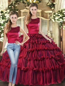 Flirting Organza Scoop Sleeveless Lace Up Ruffled Layers Quinceanera Gowns in Wine Red