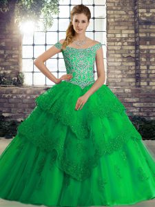 Trendy Sleeveless Beading and Lace Lace Up 15th Birthday Dress with Green Brush Train