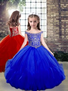 Most Popular Off The Shoulder Sleeveless Little Girl Pageant Gowns Floor Length Beading Royal Blue Tulle